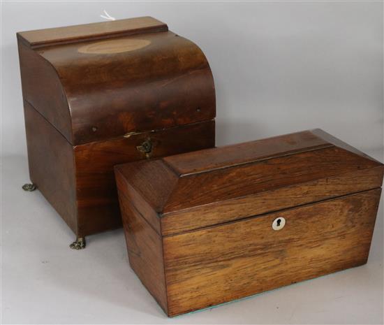 An inlaid mahogany decanter case with matched decanters (damage) and a rosewood tea caddy